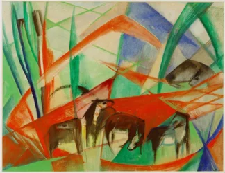Paisaje con caballos negros